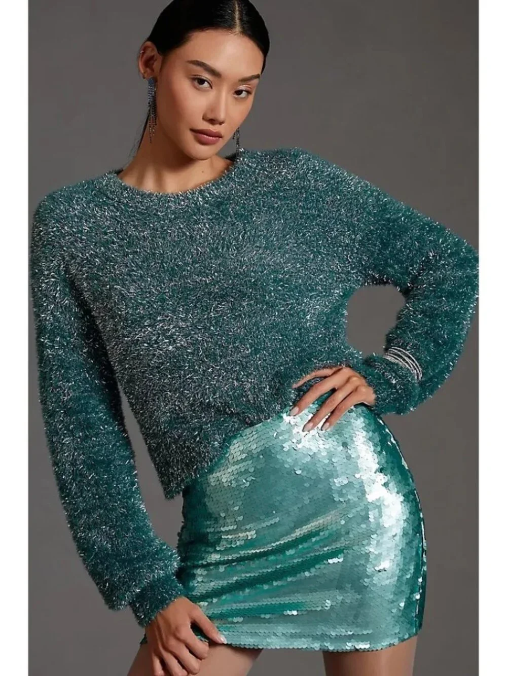 Anthropologie Maeve Tinsel Eyelash Sweater Green L